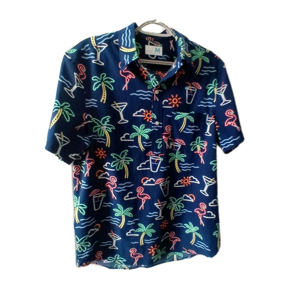 Chubbies Shirt Mens M Navy Neon Lights Short Sleeve Popover Performance Stretch
